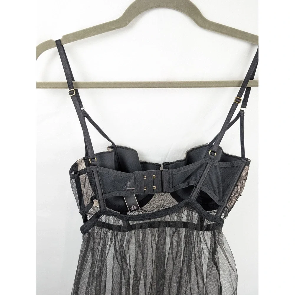 Victorias Secret Floral Lace Sheer Mesh Babydoll Lingerie Sz 34C Black Underwire